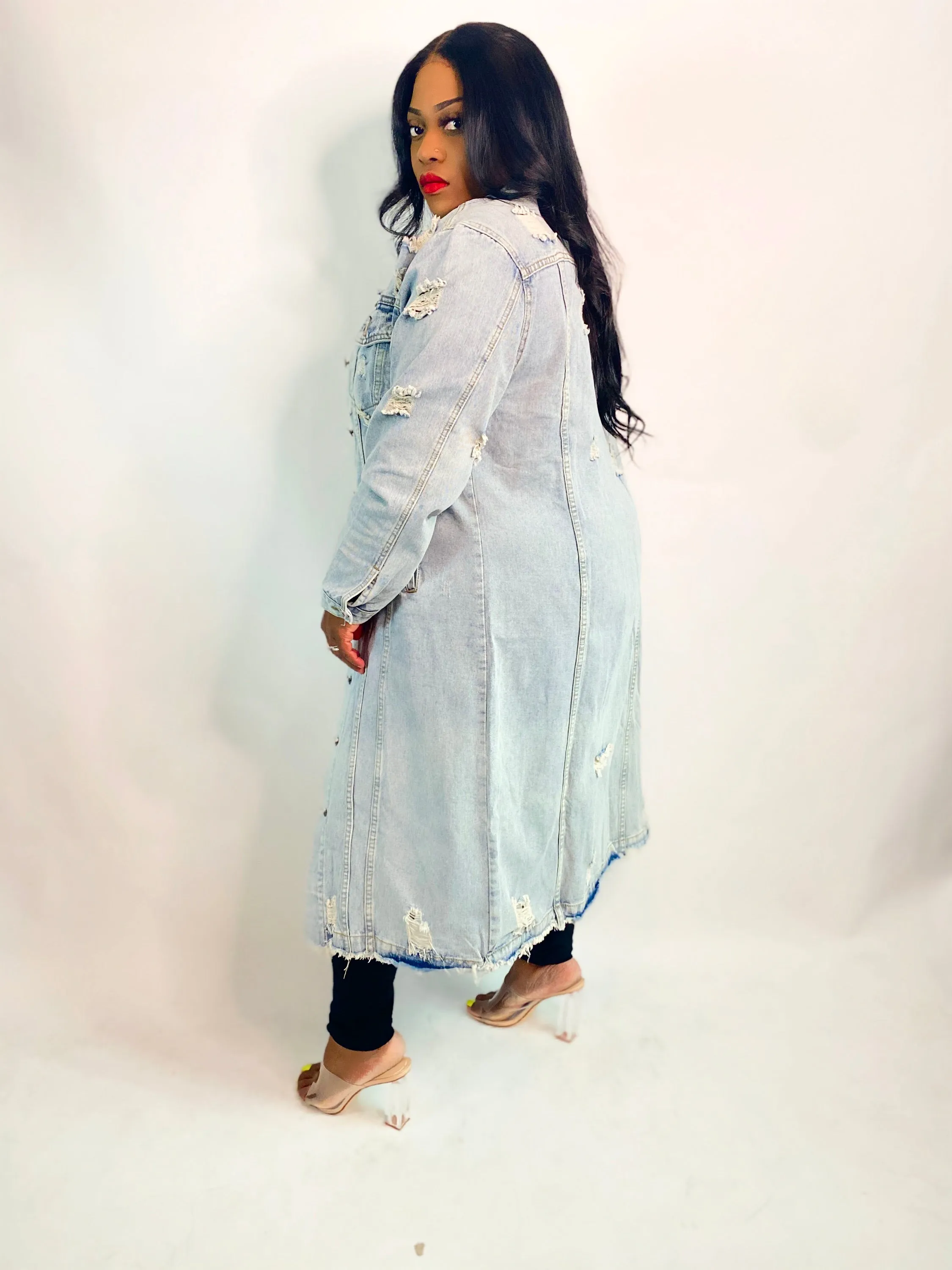 UPTOWN LONG DENIM DISTRESSED JACKET