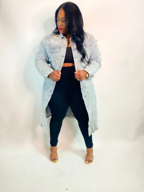 UPTOWN LONG DENIM DISTRESSED JACKET