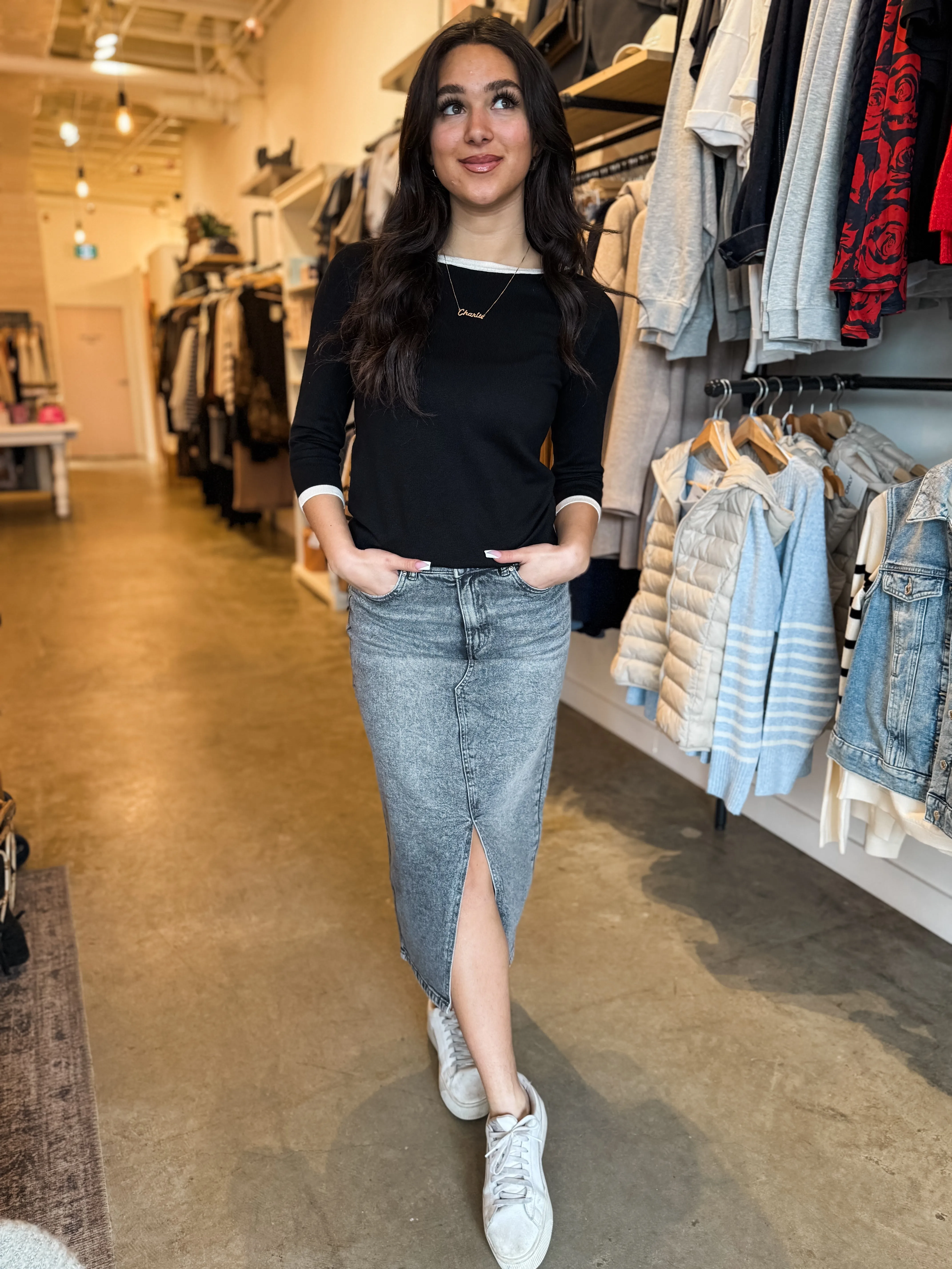 Veri Denim Midi Skirt - Grey