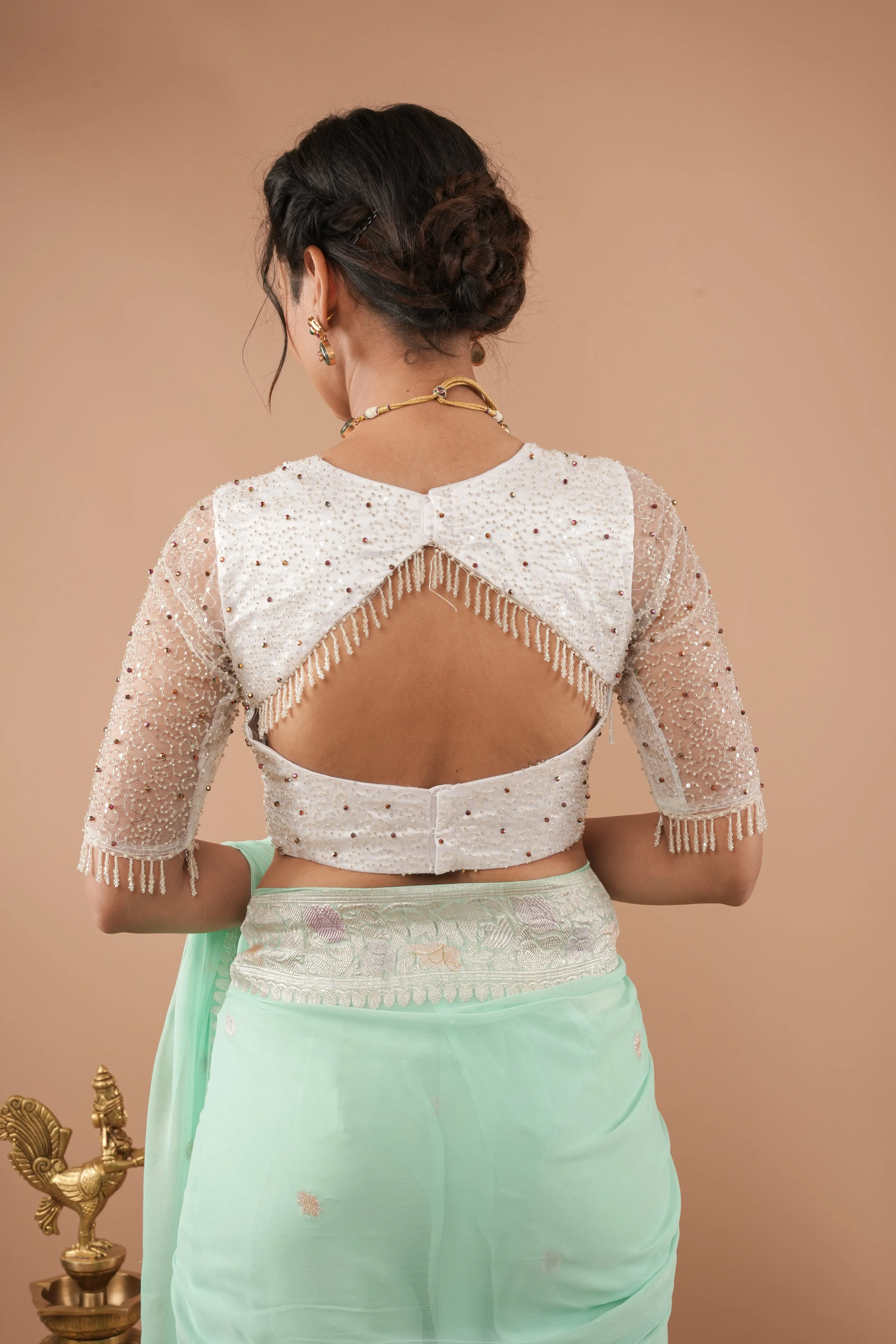 White Blouse with Beaded Detailing and Sheer Sleeves, Customizable, Made to Order