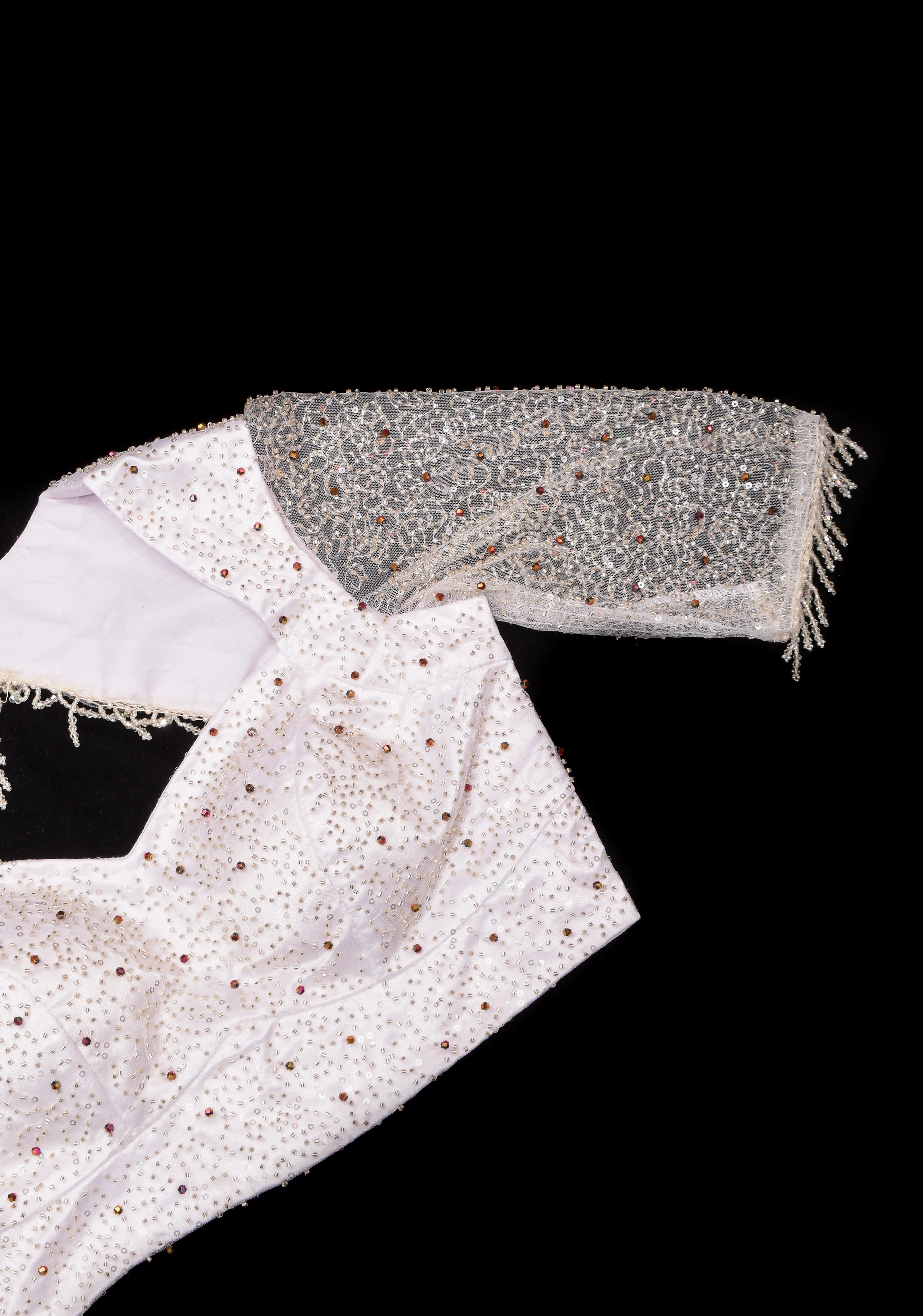 White Blouse with Beaded Detailing and Sheer Sleeves, Customizable, Made to Order