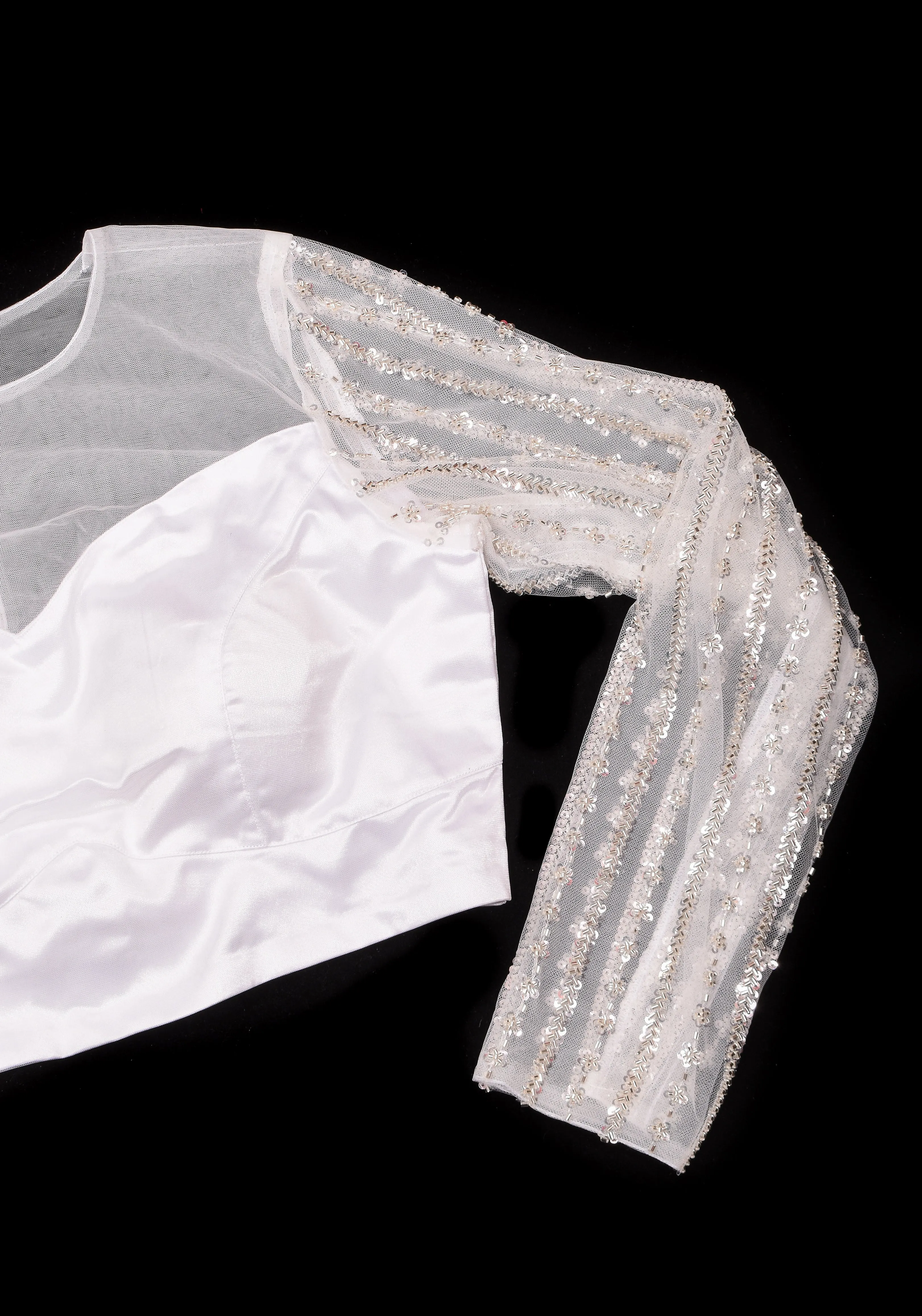 White net sheer yoke blouse with cutdana full sleeves, Made to Order